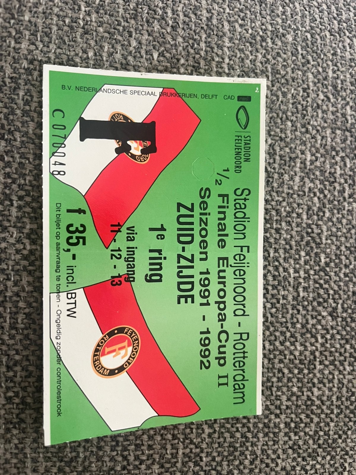 TICKET FEYENOORD HALVE FINALE EUROPA CUP II 91-92, Verzamelen, Ophalen of Verzenden, Zo goed als nieuw, Feyenoord, Overige typen