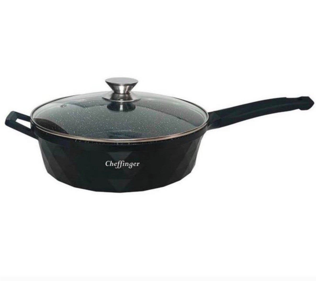 Cheffinger Hapjespan pan met Deksel – 28 cm Zwart – Inductie, Koekenpan, P, Met handvatten, P