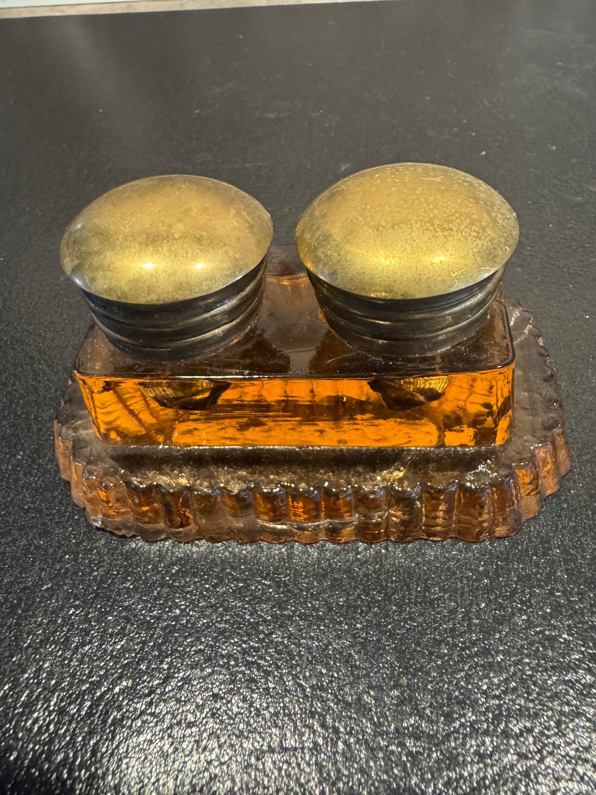 Antieke Dubbele Inktpot – Barnsteen Glas & Messing, Ophalen of Verzenden