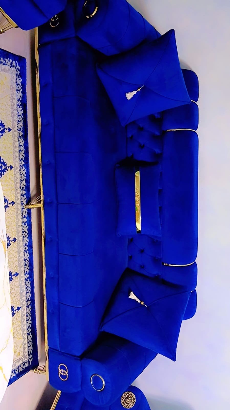 Prachtig blauw bankstel met salontafelset– zo goed als nieuw, Ophalen of Verzenden, Zo goed als nieuw, Rechte bank, Vierpersoons of meer