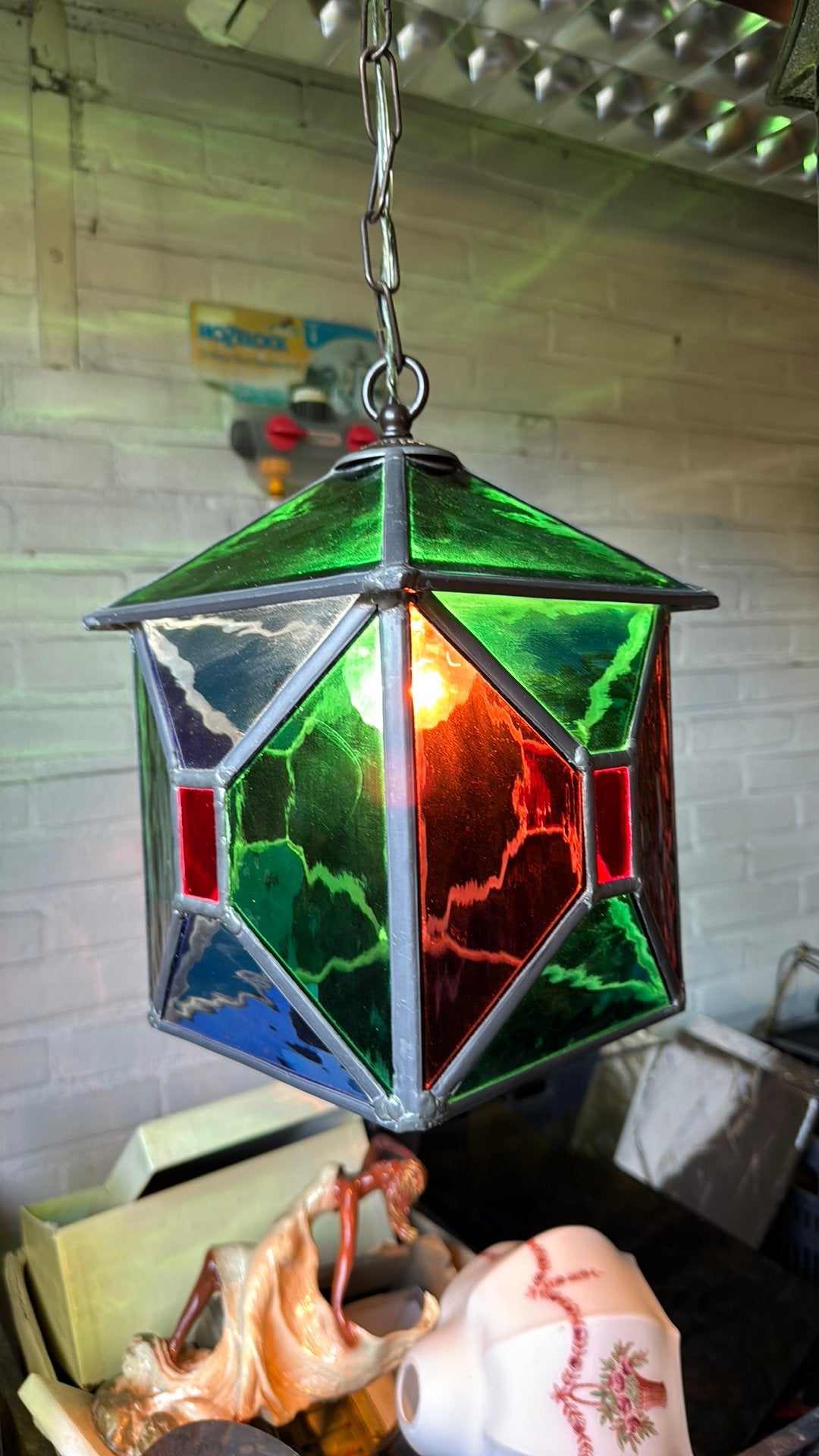Mooie oude glas in lood lamp, Antiek en Kunst, Curiosa en Brocante, Ophalen of Verzenden