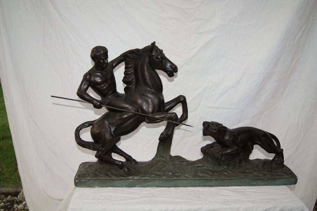 Jager te paard met speer en panter, Antiek en Kunst, Ophalen of Verzenden, Gips, Beeld