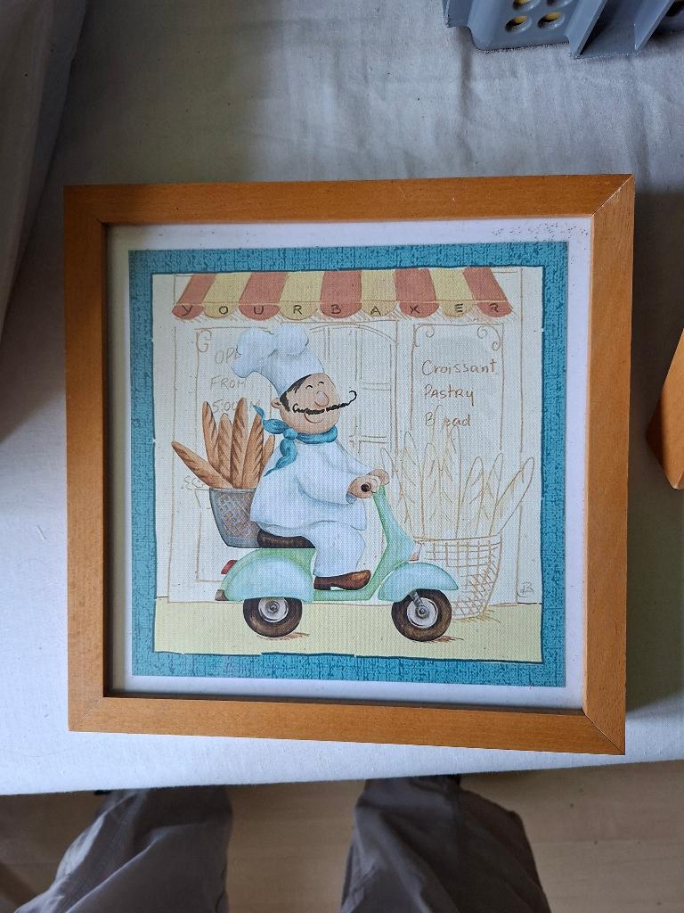 schilderijtje (25,5 X 25,5) kok met stokbrood, Ophalen of Verzenden, Minder dan 50 cm, Schilderij, Minder dan 50 cm