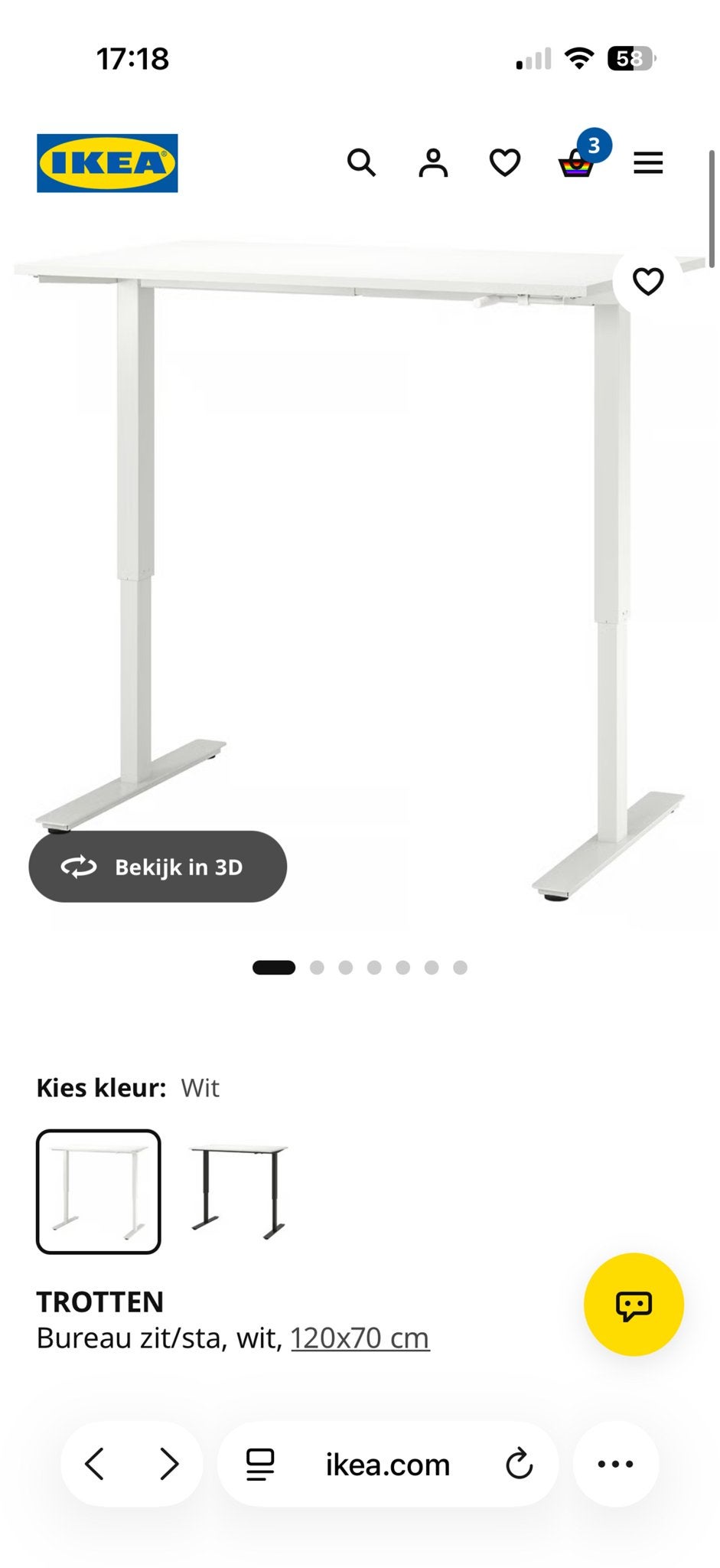IKEA Trotten Zit-sta bureau wit 120x70 cm, Huis en Inrichting, Ophalen, 120 cm, Spaanplaat of MDF, Zo goed als nieuw