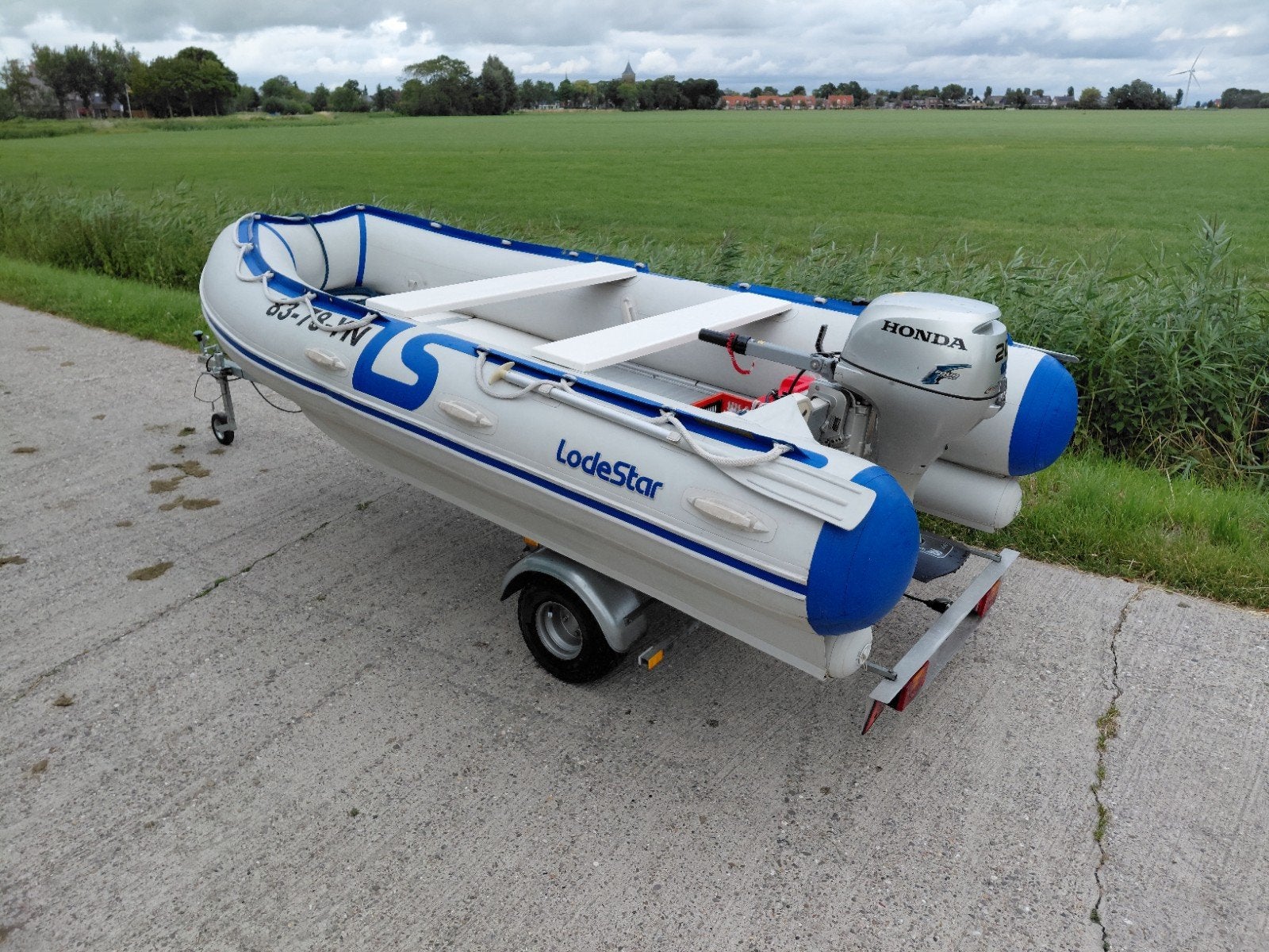 Lodestar trimax 380 - 20 Pk Honda - Trailer, Watersport en Boten, Rubberboten, Ophalen, Aluminium, Peddels, Gebruikt