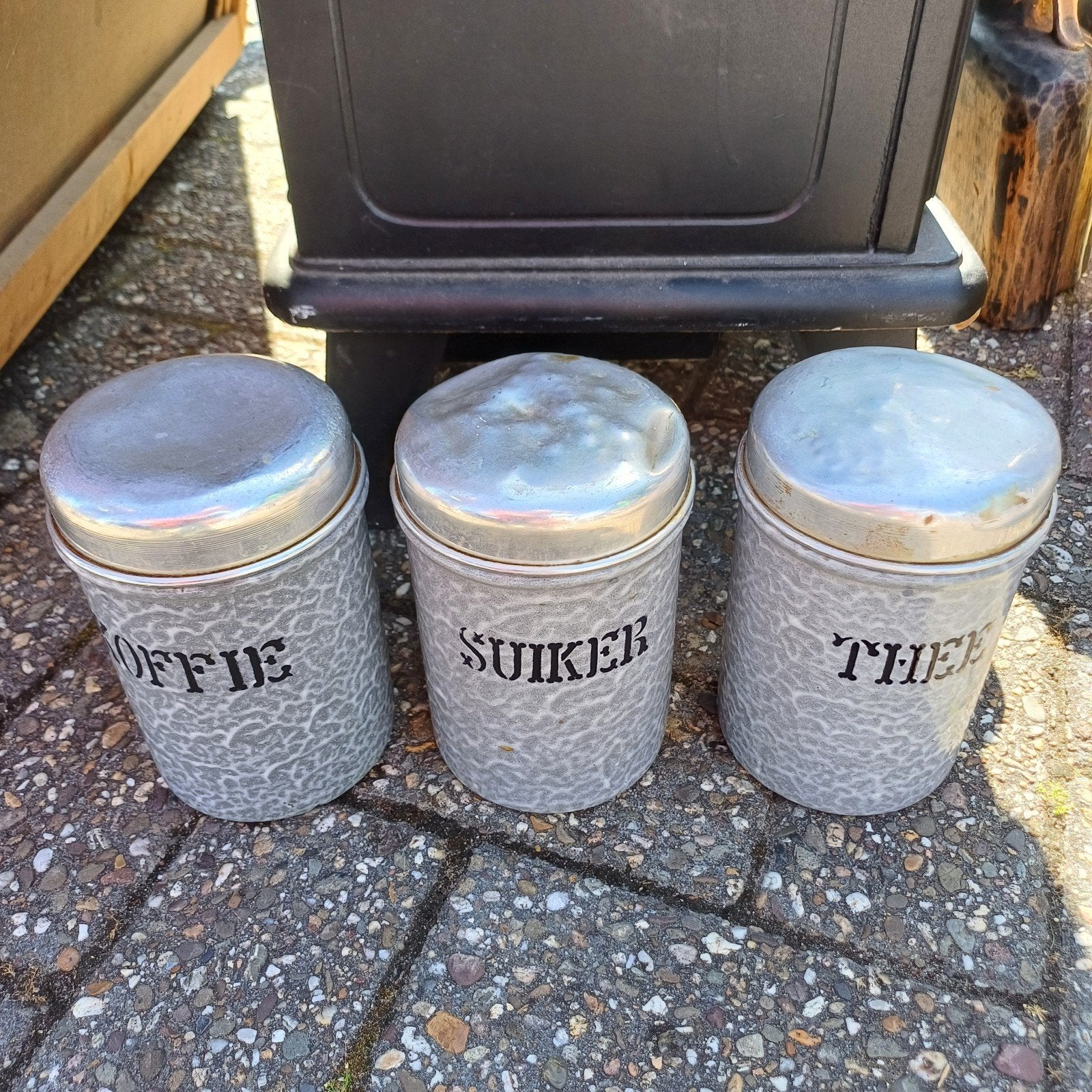 3 x emaille bussen koffie thee suiker grijs gewolkt, Antiek en Kunst, Antiek | Emaille, Ophalen