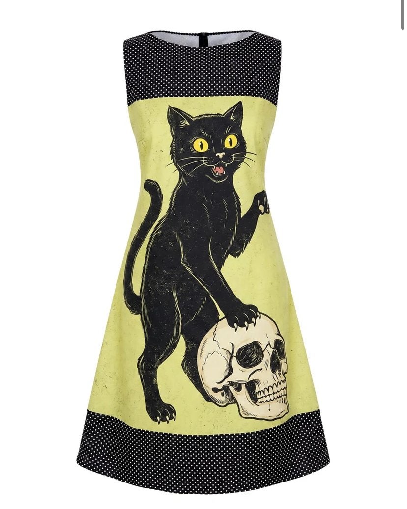 Nieuwe jurk met kat en schedel print, Kleding | Dames, Jurken, Geel, Nieuw, Boven de knie, Ophalen