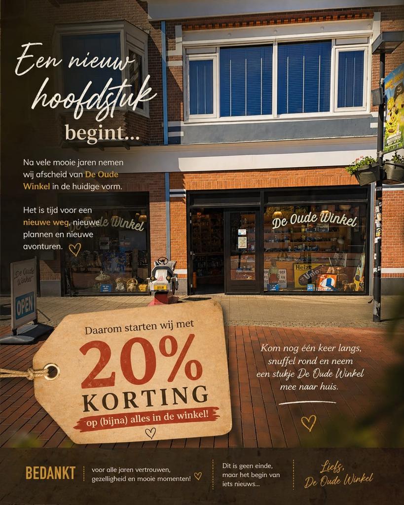 20 % korting op alles in De Oude Winkel, Verzamelen, Merken en Reclamevoorwerpen, Ophalen, Gebruikt, Reclamebord