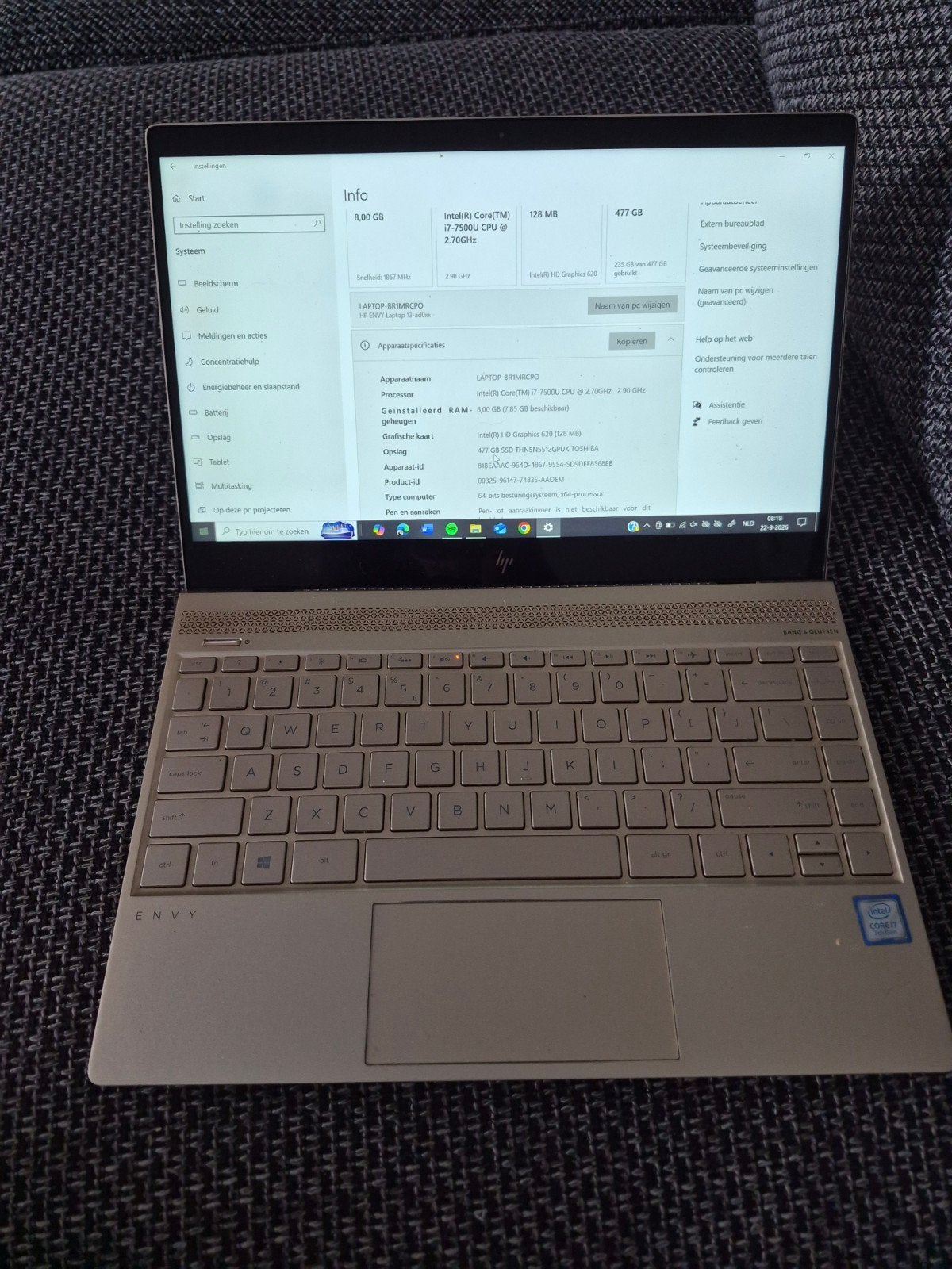 HP Envy Laptop 13-ad0xx - i7-7500U, 8GB RAM, 477GB SSD, Computers en Software, Gebruikt, 2 tot 3 Ghz, Qwerty, 8 GB
