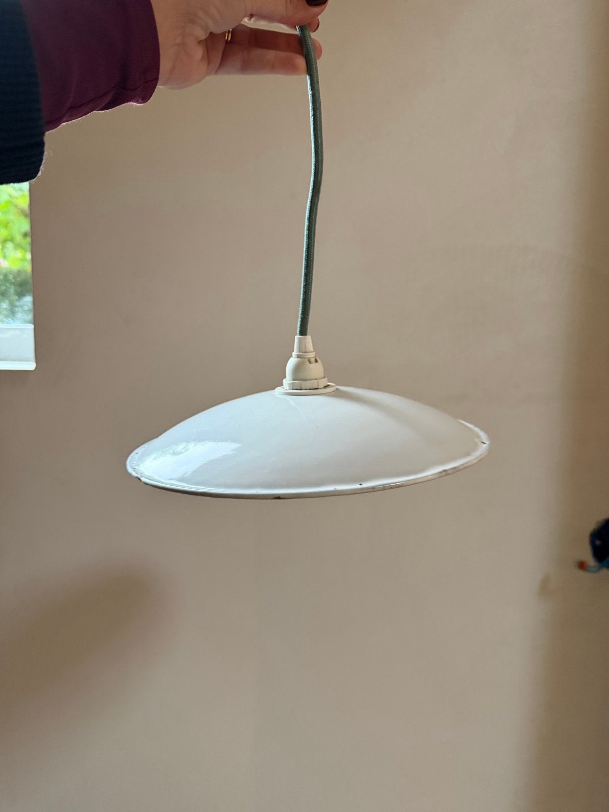 Vintage emaille hanglamp - wit met groen snoer, Ophalen of Verzenden
