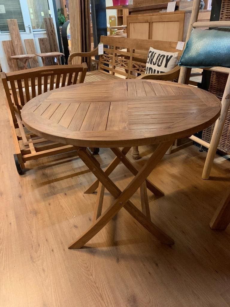 Ronde Klaptafel TEAK bijv ø 85cm & plat inklapbaar, handig!, Ophalen, Rond, Nieuw, Inklapbaar