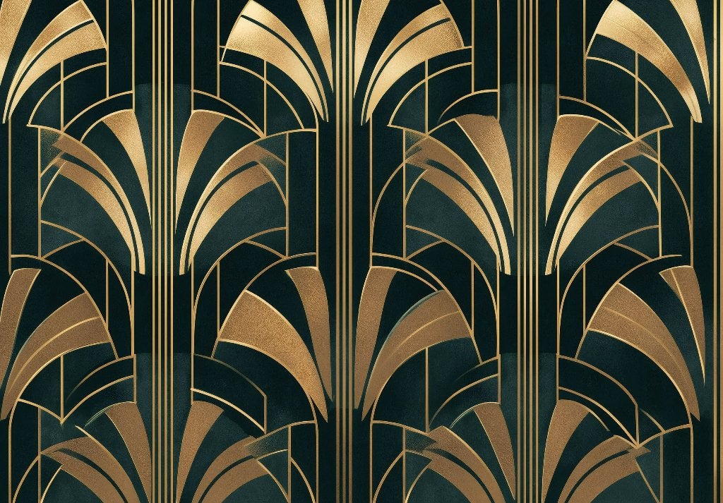 Art Deco behang - Donkergroen Waaierpatroon, Goud, Verzenden, Fotobehang