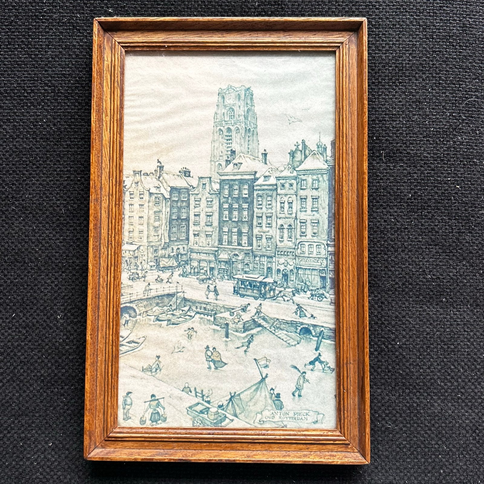 Oude Rotterdamse stadsgezicht ets in houten lijst, Antiek en Kunst, Ingelijst, Ets, Stadsgezicht, Ophalen of Verzenden
