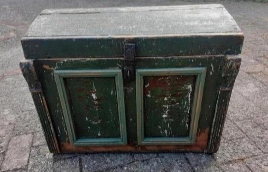 Antieke oude houten schatkist kist, 50 – 75, Minder dan 50 cm, Gebruikt, 50 tot 100 cm