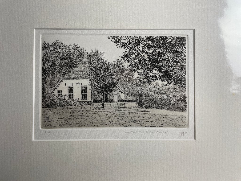 Wim van der Meij - ets van oude boerderij 1990, Antiek en Kunst, 10 cm, Gesigneerd, Ophalen of Verzenden, Landschap