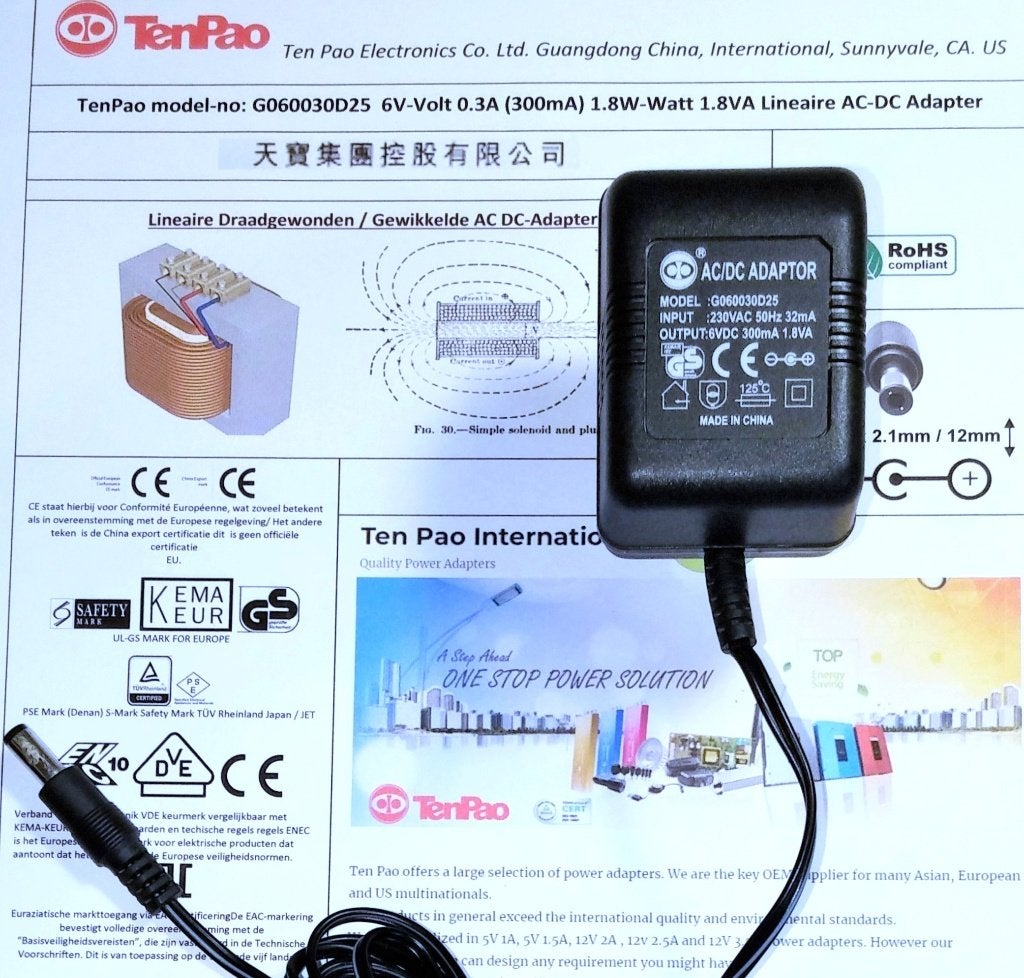 Ten Pao G060030D25 6V 0.3A 0.5A 1.8W Adapter Oplader Charger, Computers en Software, Pc- en Netwerkkabels, Ophalen of Verzenden