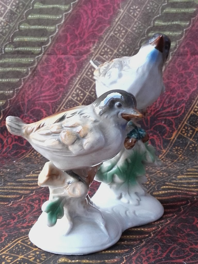 Mooi oud beeldje uit Duitsland van vogels op een tak 13,7 cm, Ophalen of Verzenden