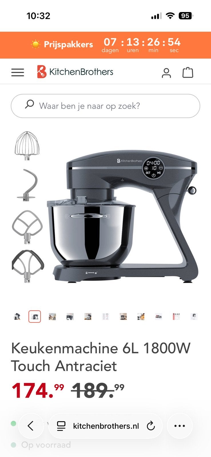 ZGAN - KitchenBrothers Keukenmachine 6L 1800W Touch, Witgoed en Apparatuur, Keukenmixers, Ophalen, 4 liter of meer, 3 snelheden of meer