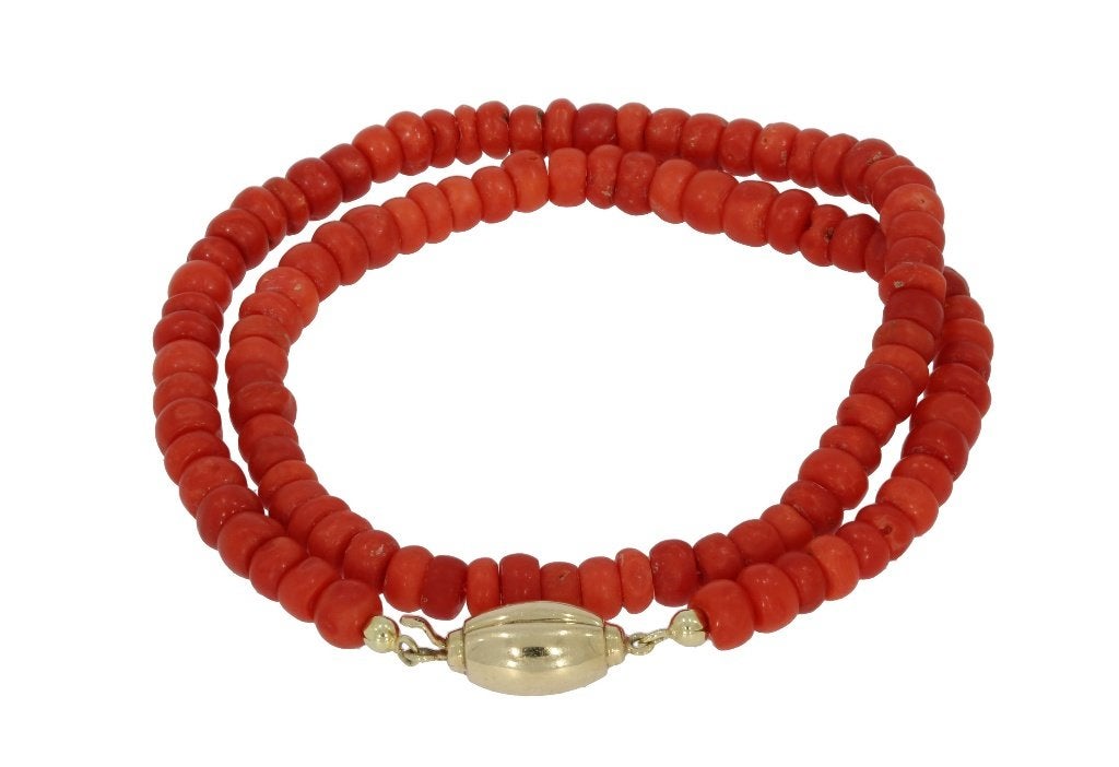 Bloedkoraal antieke ketting kaasjes 14k slot goud dame fraai, Ophalen of Verzenden, Goud, Ketting, Met edelsteen