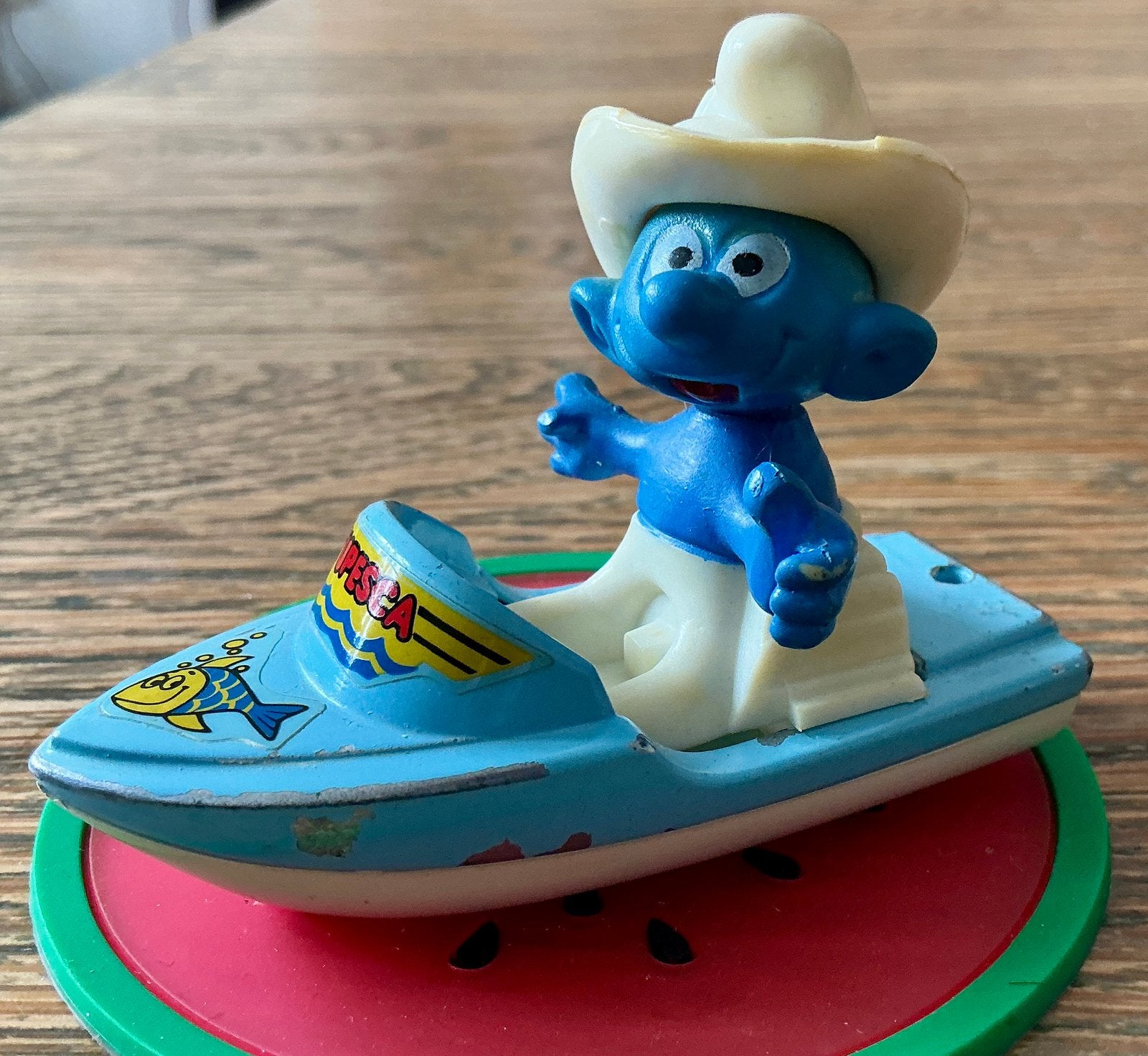 Oude Smurf Smurfen Guisval Spanje Vissersboot 1980, Verzamelen, Smurfen, Ophalen of Verzenden, Gebruikt, Verschillende Smurfen
