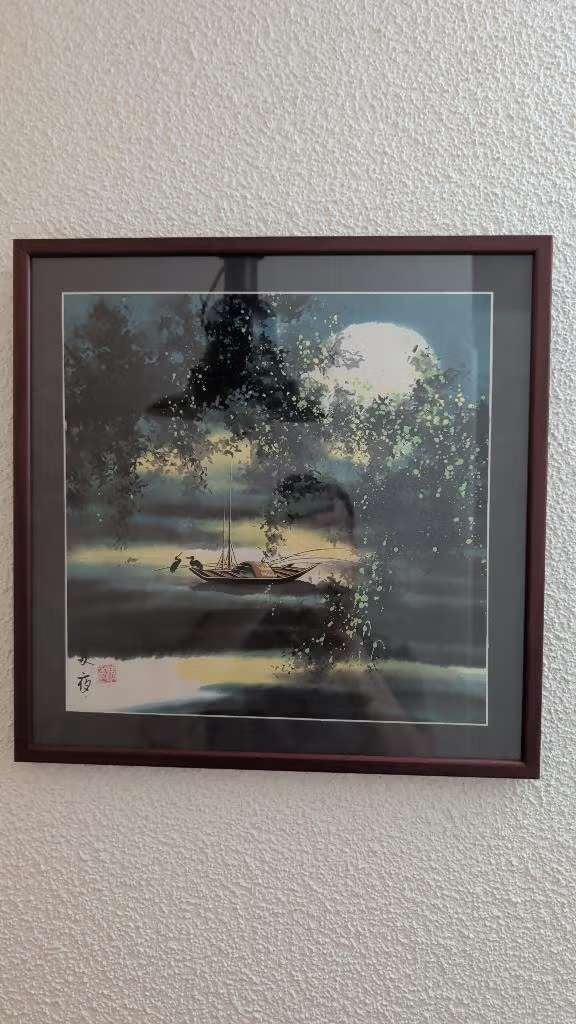 Schilderij uit China met Sampan (Aalscholver boot), Antiek en Kunst, Ophalen, Klassiek, Achter glas, Maritiem / water