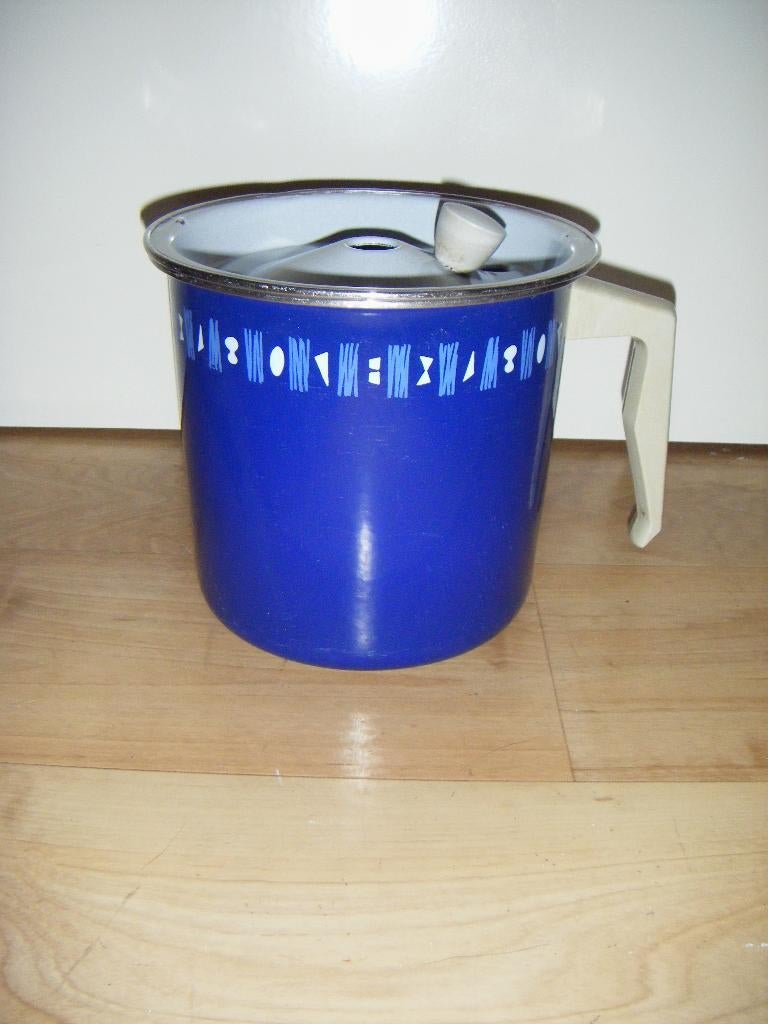 Oude,emaille melkkoker,papkoker,deksel,bakeliet,blauw wit, Ophalen of Verzenden