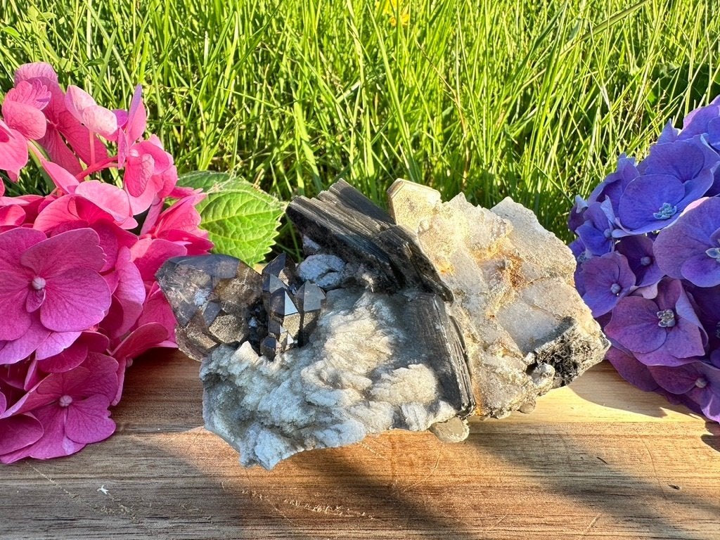 Rookkwarts en muscoviet op albiet combinatie stuk, Ophalen of Verzenden, Mineraal