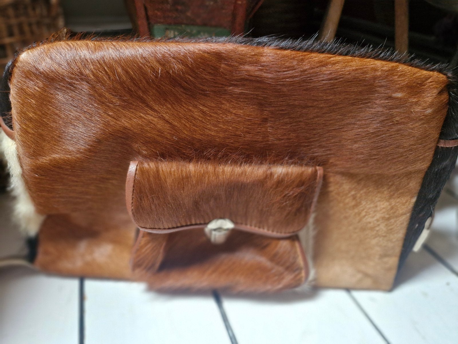 Unieke handtas van koeienhuid - Bruin/Zwart, Ophalen of Verzenden, Gebruikt, Bruin, Handtas