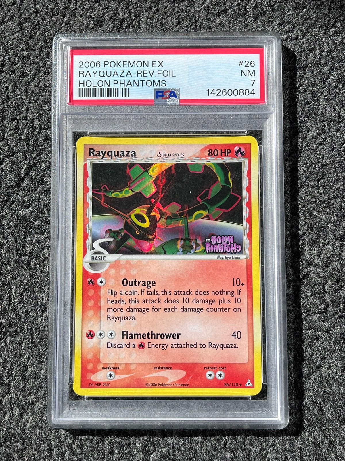 Pokémon PSA 7 Rayquaza Reverse Holo #26 Holon Phantoms, Ophalen of Verzenden, Zo goed als nieuw, Losse kaart, Foil