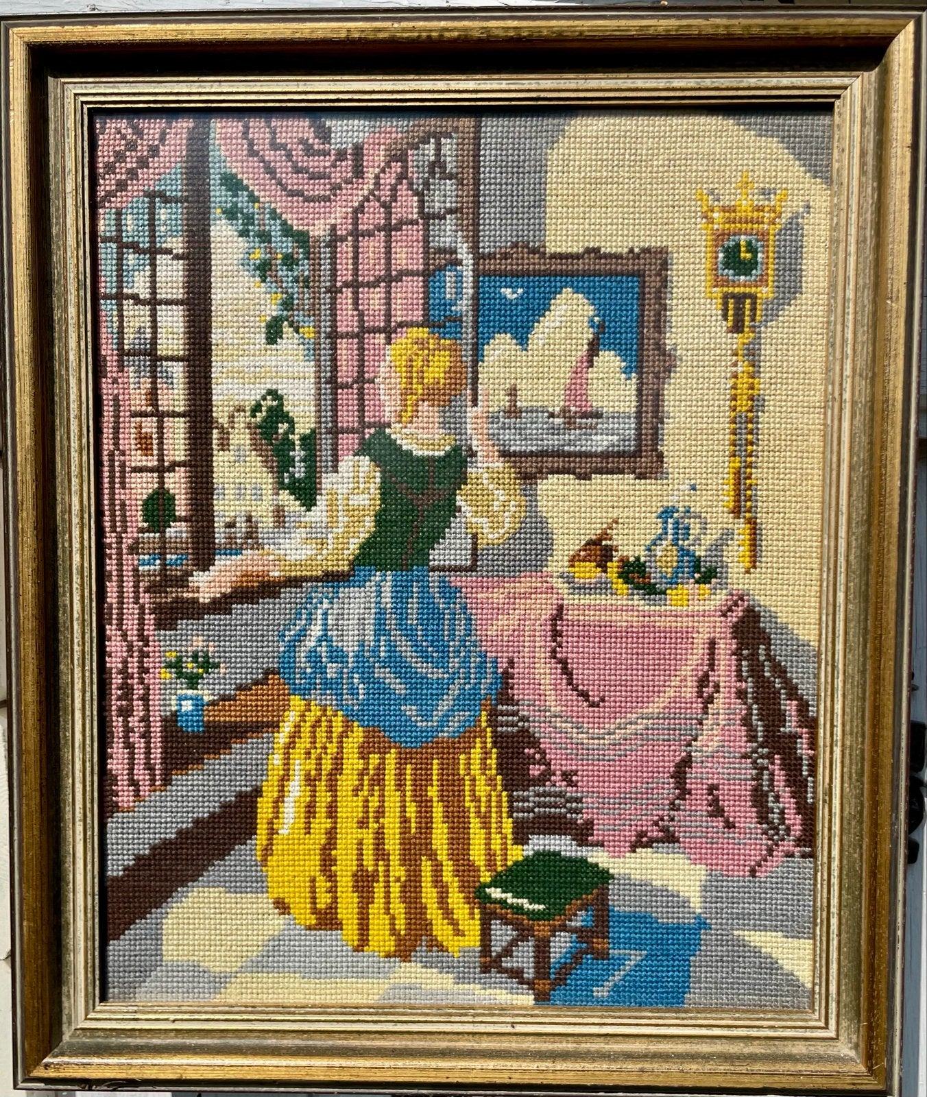 Vintage Gobelin Schilderij: Dame aan het Raam, Antiek en Kunst, Kunst | Schilderijen | Klassiek, Portret of Personen, Overige technieken