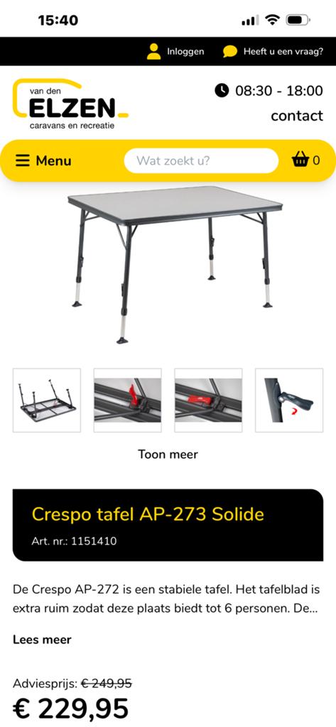 Crespo tafel AP-273 1.30x85, Ophalen, Zo goed als nieuw, Campingtafel