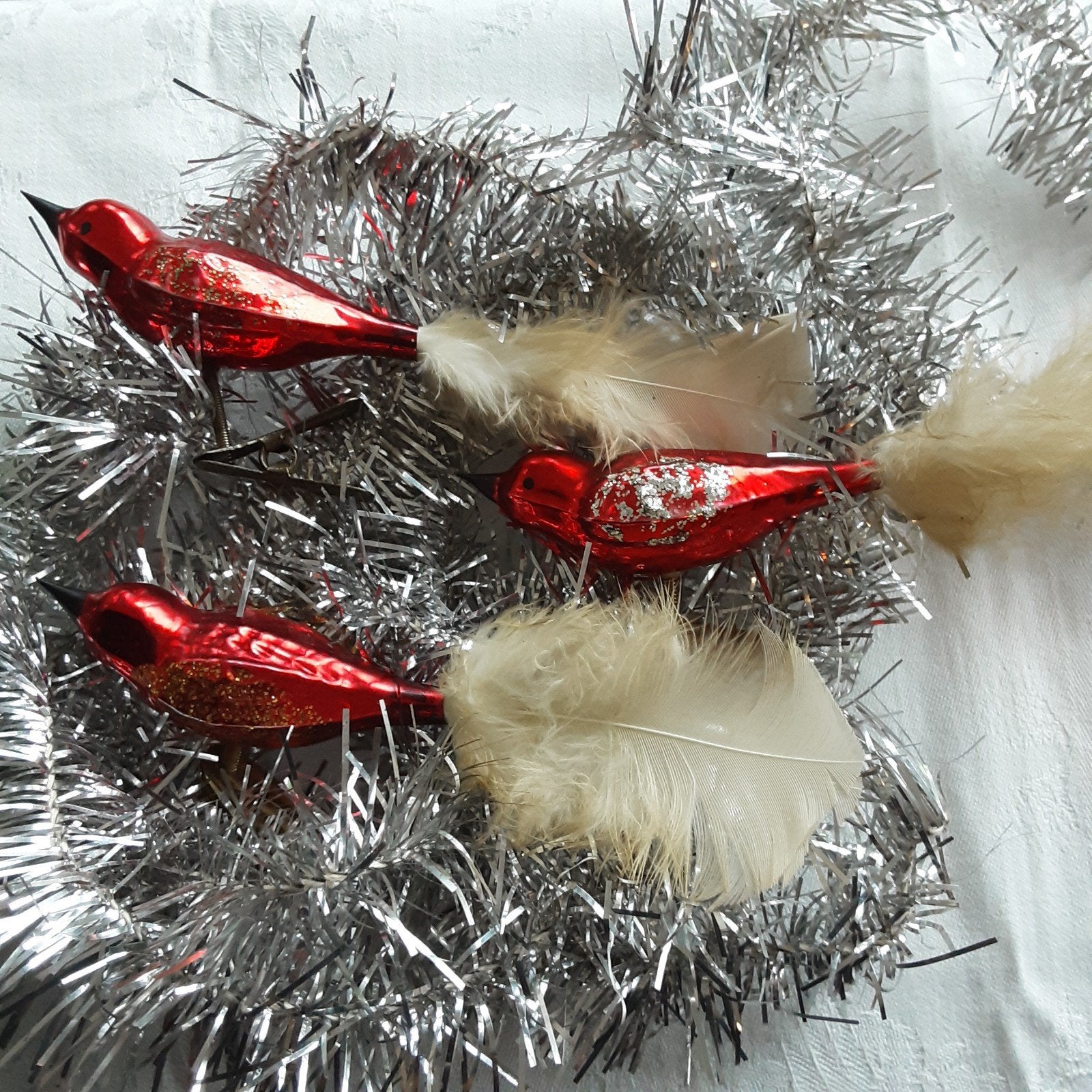 Vintage oude glazen rode vogeltjes met zilveren decoratie, Ophalen of Verzenden, Gebruikt