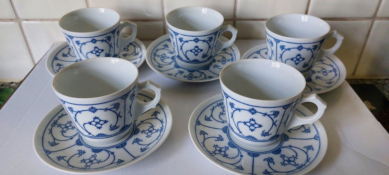 Set van 5 porseleinen kopjes en schotels Jäger Blau Saks, Ophalen of Verzenden