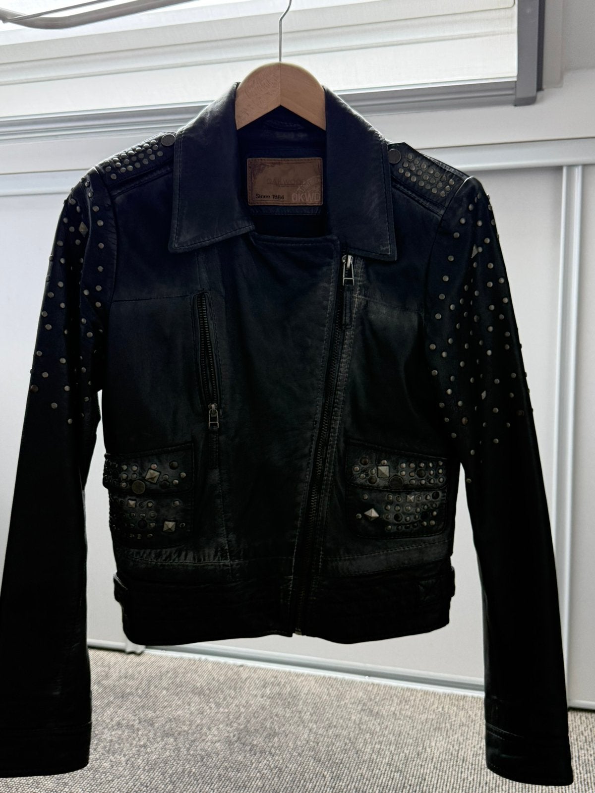 Stoer zwart lederen dames bikerjack - merk Oakwood– maat S, Zwart, Ophalen of Verzenden, Oakwood, Maat 36 (S)