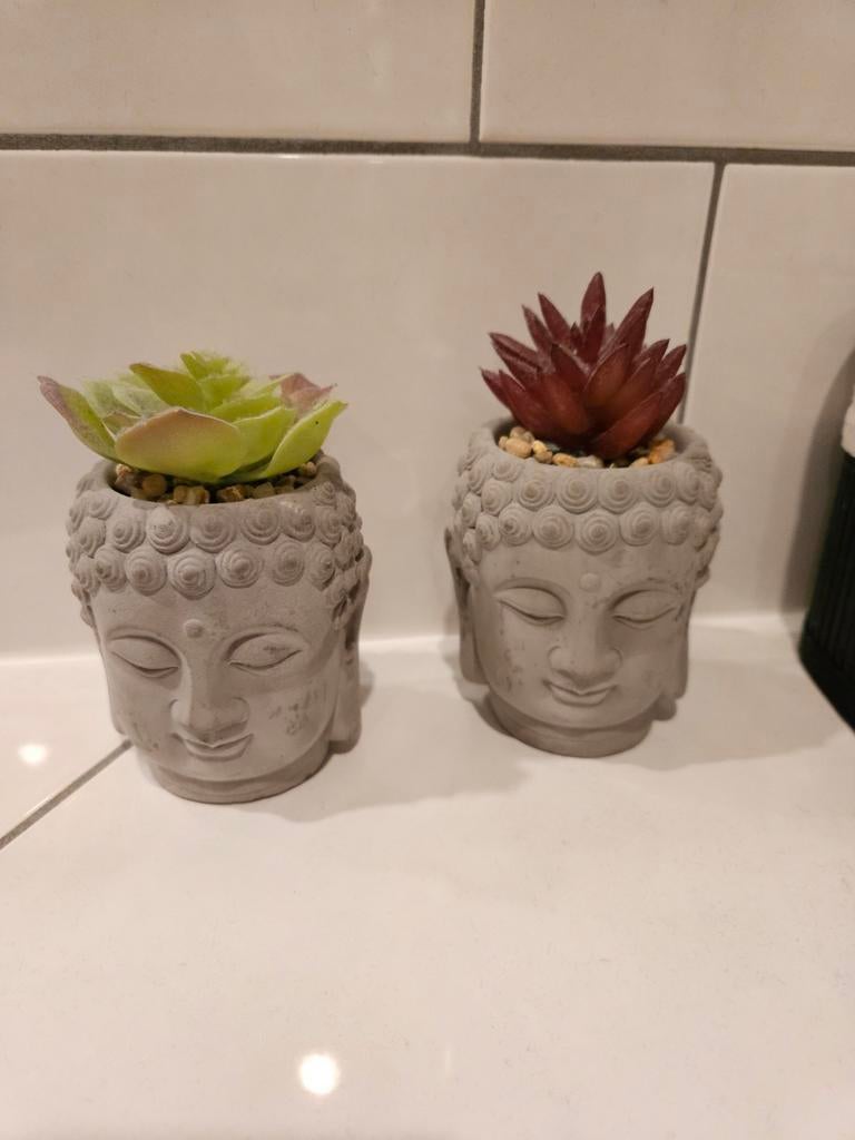 Boeddha hoofd bloempotjes met kunstplantjes (set van 2), Ophalen, Zo goed als nieuw