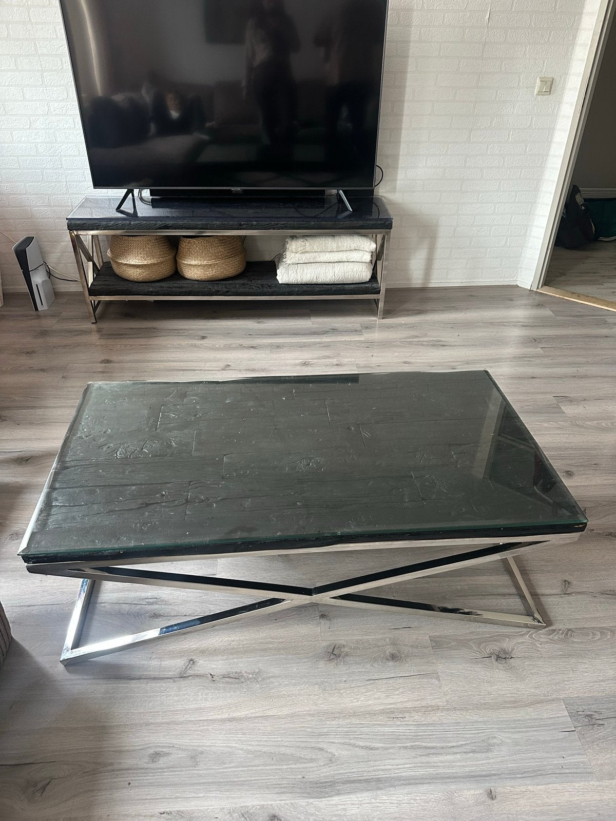 Salontafelset met glasplaat,metalen onderstel plus tv meubel, Ophalen, Gebruikt, 100 tot 150 cm, Vierkant