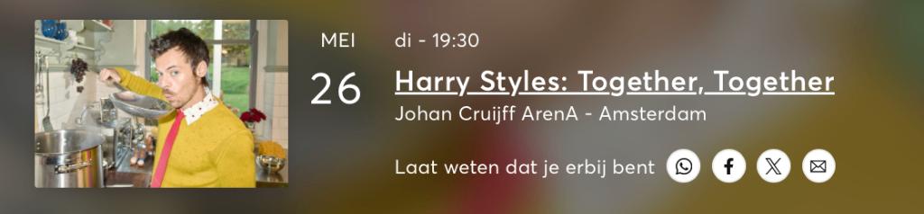 Harry Styles 26/5 - 8 TOP zitplaatsen naast elkaar thv STAGE, Drie personen of meer, Mei