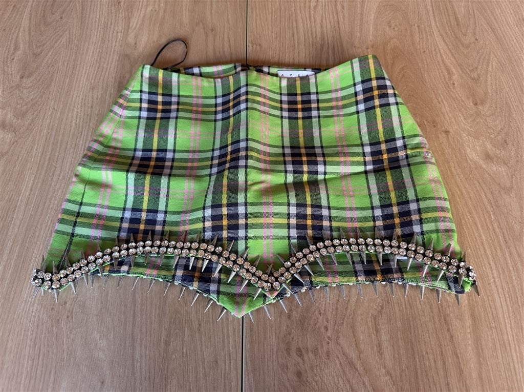 AREA Tartan Spiked Green Wool Mini Skirt - UK 6, Maat 38/40 (M), Ophalen of Verzenden, Zo goed als nieuw, Boven de knie