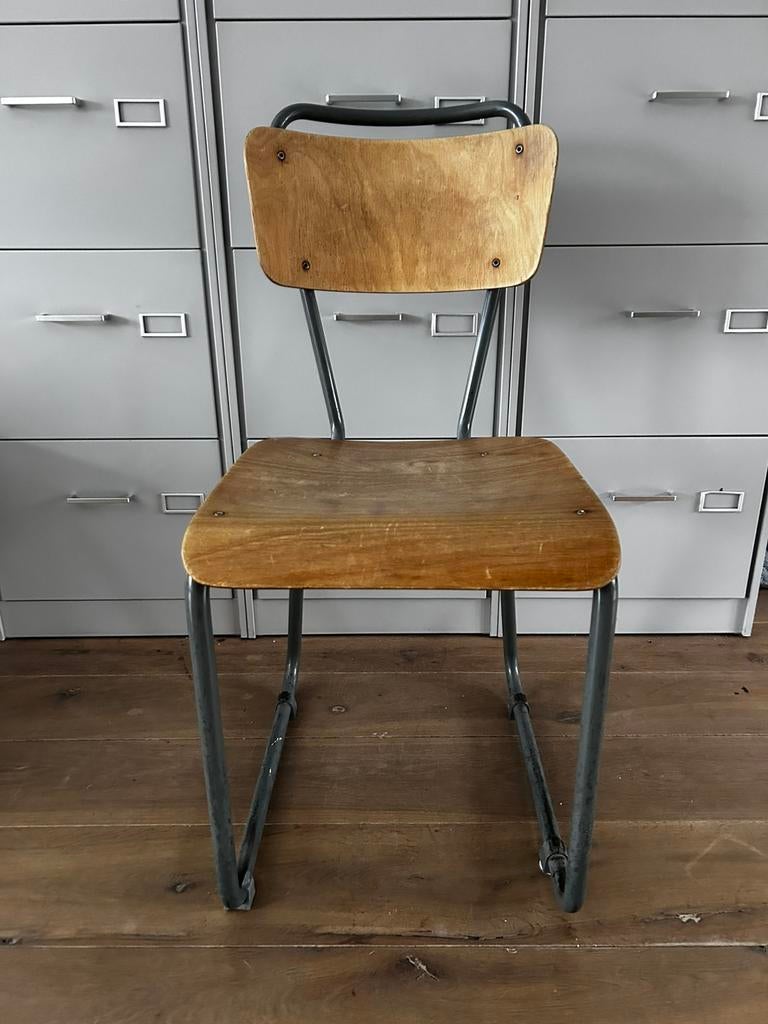 Vintage/retro eetkamerstoel/ schoolstoel hout met metaal, Ophalen, Gebruikt, Bruin, Vintage/retro