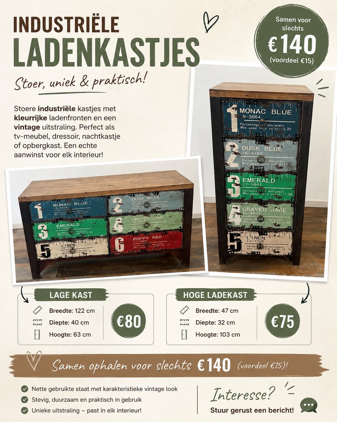 Industriële ladenkastjes - Stoer, uniek & praktisch!, Ophalen, Gebruikt, 5 laden of meer, 100 tot 150 cm