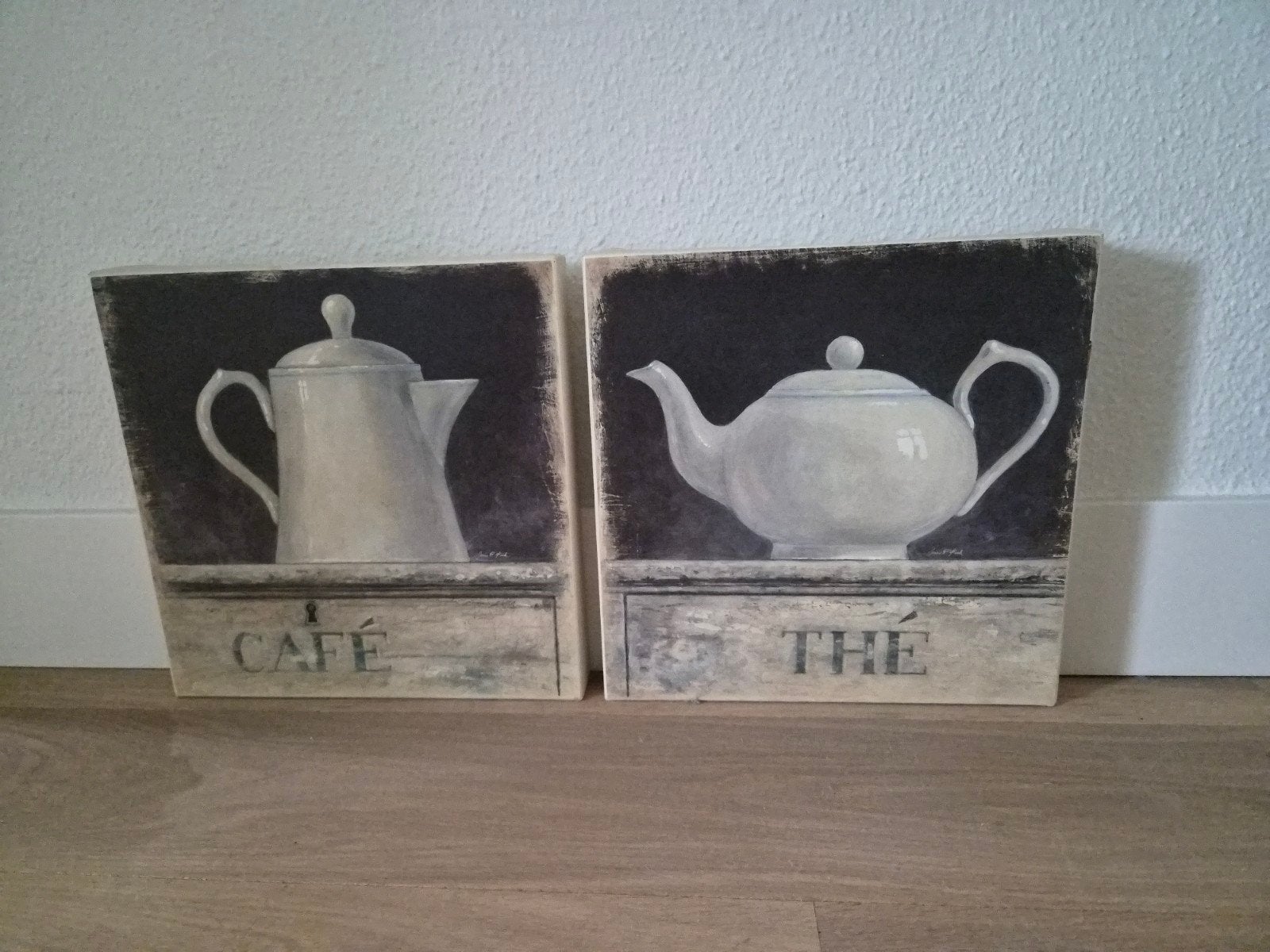 Set van 2 decoratieve panelen: Café en Thé, Huis en Inrichting, Minder dan 50 cm, Gebruikt, Ophalen of Verzenden, Schilderij