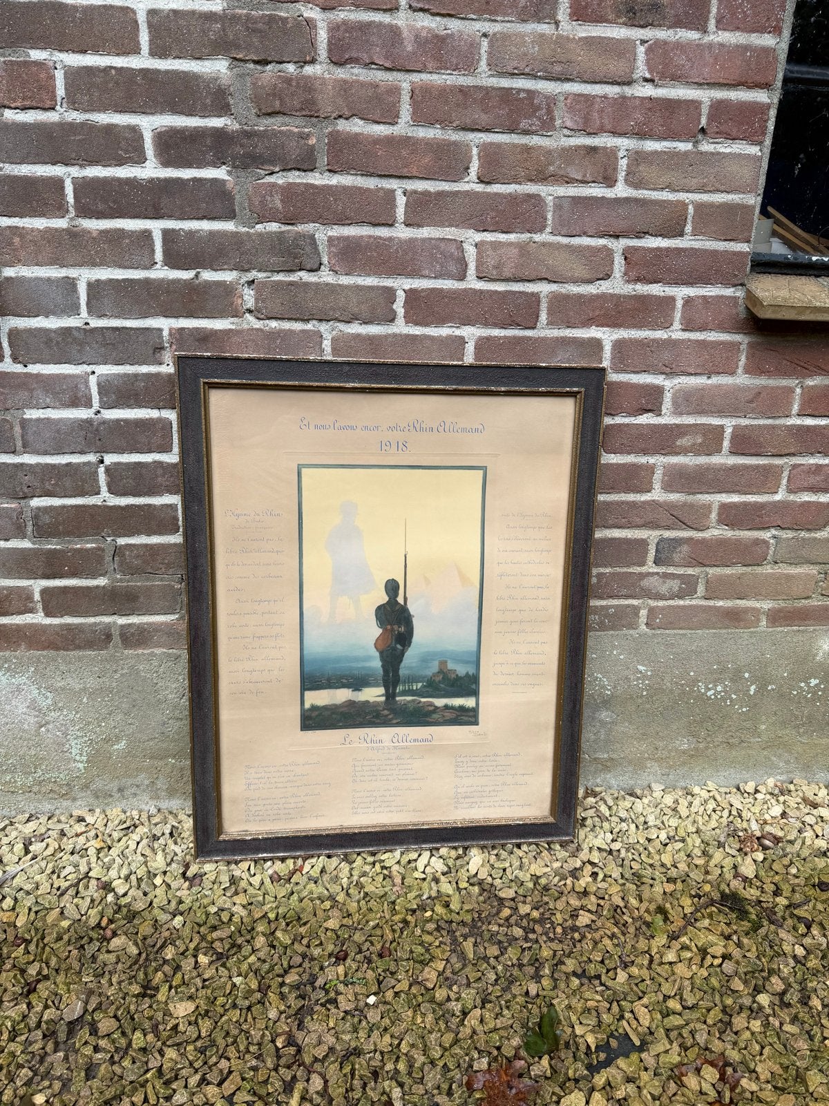 Ingelijste Franse poster WOI: Soldaat aan de Rijn, 1918, Ophalen of Verzenden, Poster, Print/reproductie, Genummerd