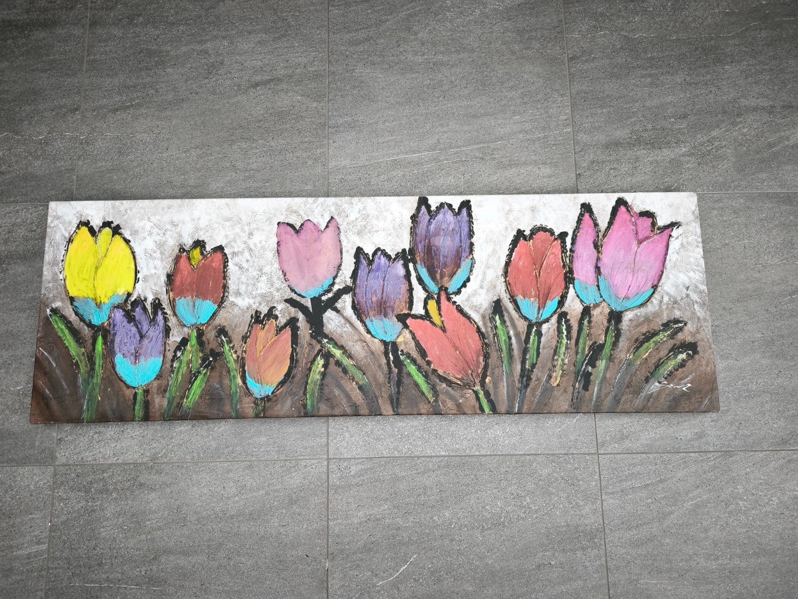 Handgeschilderd Tulpen Schilderij 150 x 50 cm – Moderne Wand, Ophalen