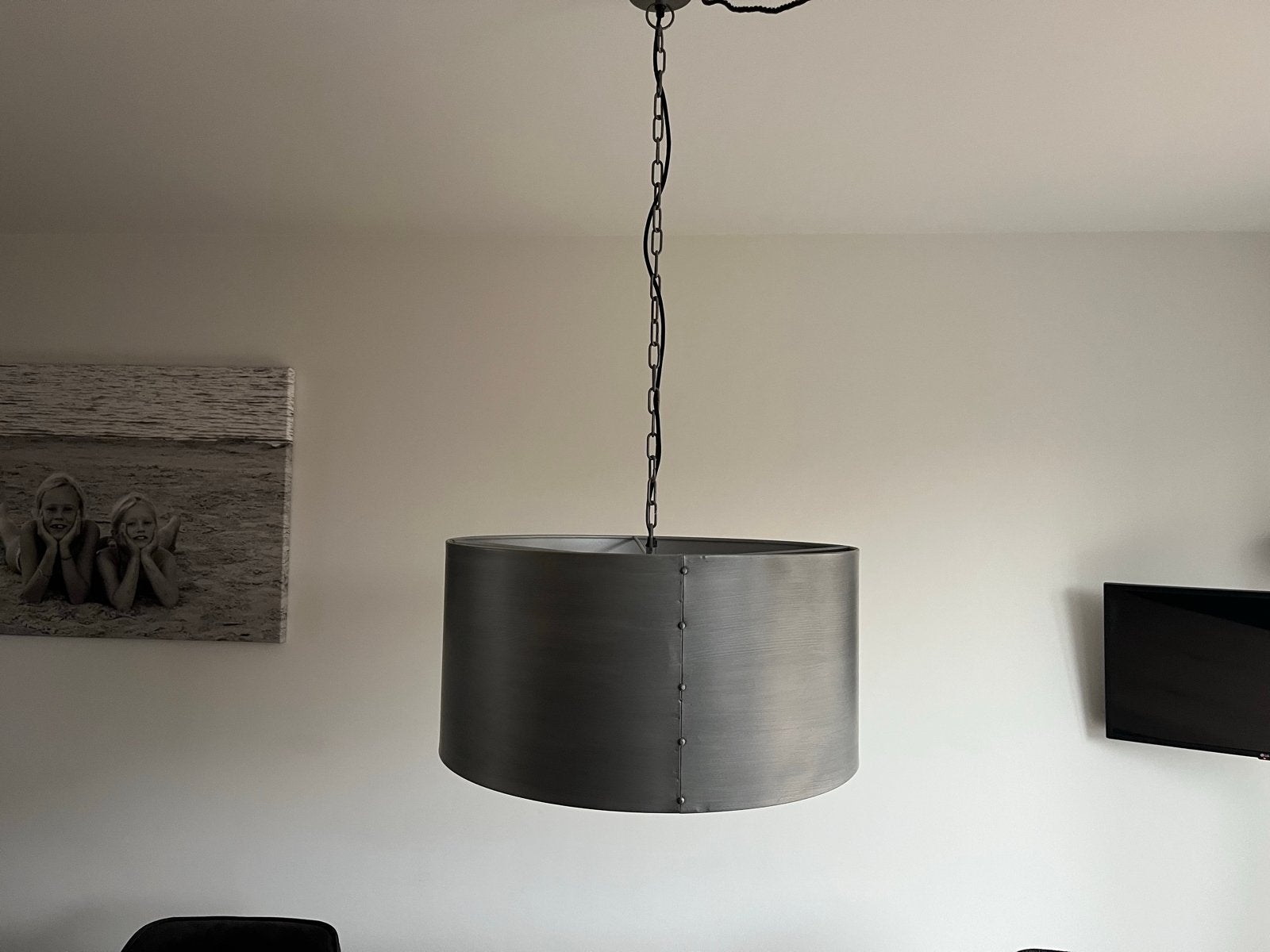 Industriële hanglamp grijs metaal, Ophalen of Verzenden, Gebruikt, Metaal, E27 (groot)