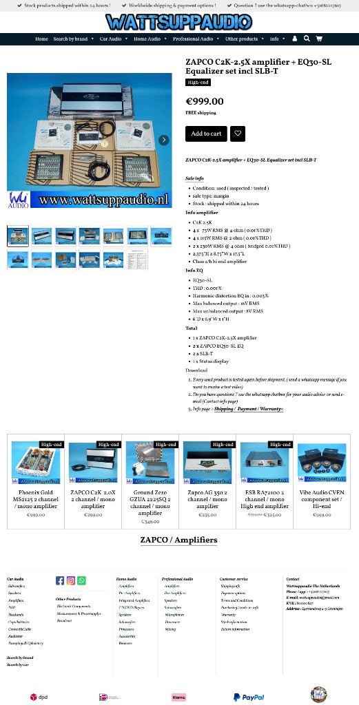ZAPCO C2K-2.5X versterker + EQ30-SL Equalizer set + SLB-T, Auto diversen, Gebruikt, ., Ophalen of Verzenden, ZAPCO