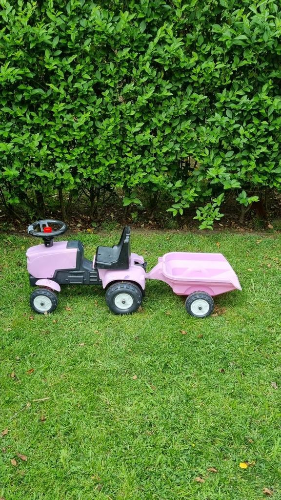 Roze kinder tractor met aanhanger / looptrekker, Ophalen of Verzenden, Gebruikt