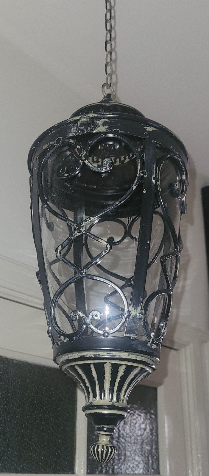 Set van 2 Antiek look Hanglampen - Metaal en Glas, Huis en Inrichting, Ophalen, Gebruikt, E14 (klein), Glas