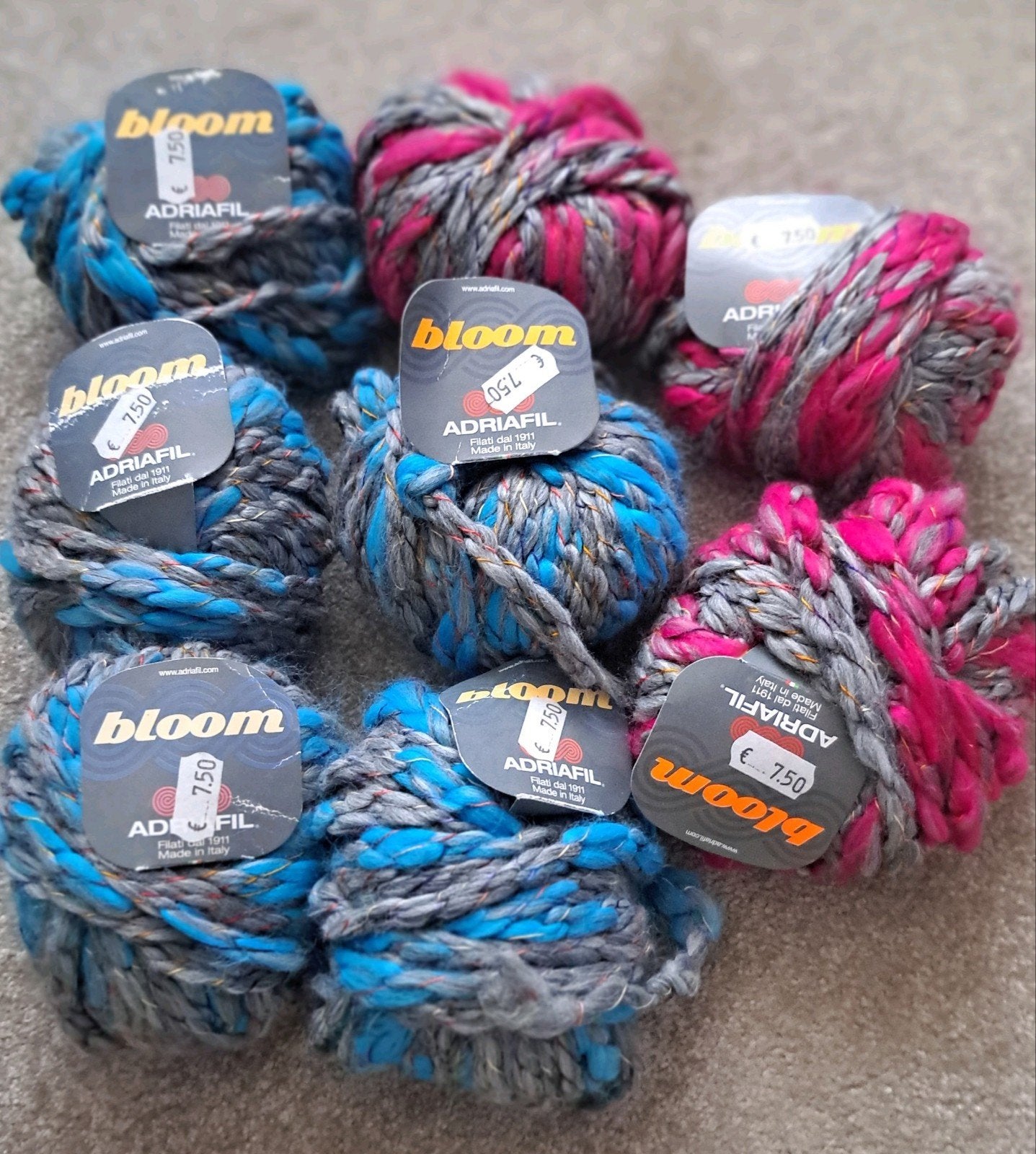 Adriafil Bloom Wol - 8 bollen (blauw/grijs/roze), Ophalen of Verzenden, Nieuw, Breien of Haken, Wol of Garen