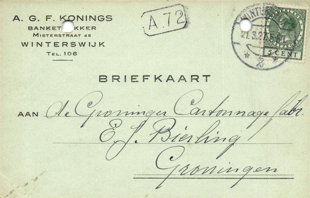 A.G.F. Konings, Banketbakker, Winterswijk - 03.1927 - briefk, Ophalen of Verzenden, Briefkaart
