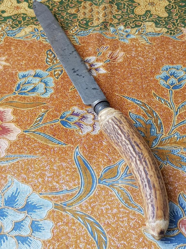 Mooi antiek vleesmes uit Engeland met gewei en zilver 40 cm., Ophalen of Verzenden